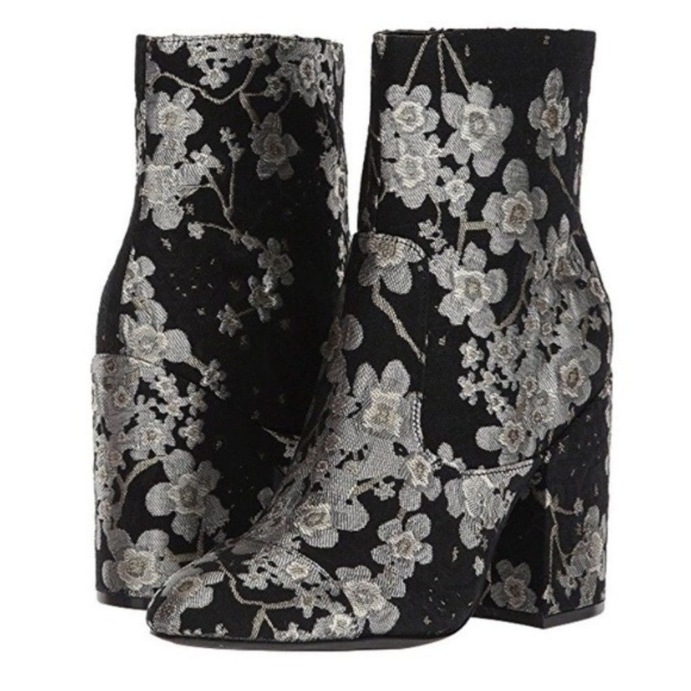 Black Booties with Embroidered Floral Brocade
